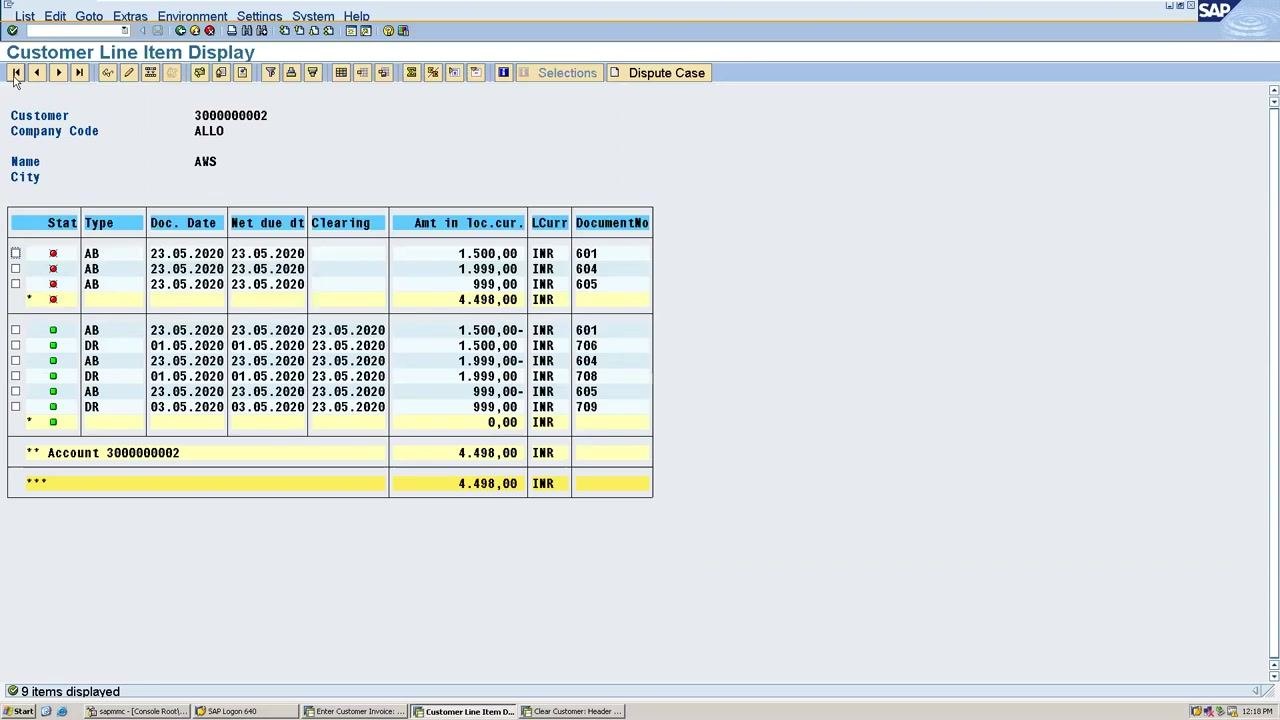 SAP Customer Line Item Display showing document 605 created after clearing, alongside documents 601 and 604.