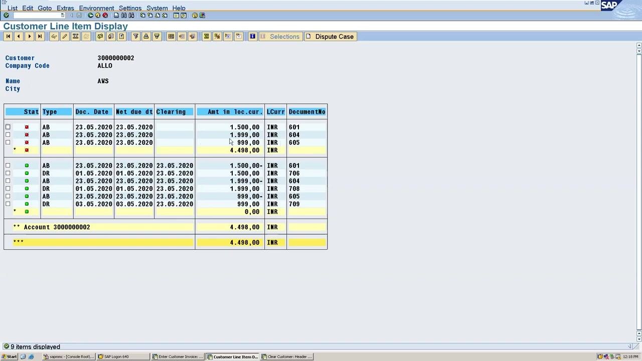 SAP Customer Line Item Display showing cleared and open items, with document 709 now cleared by document 605.