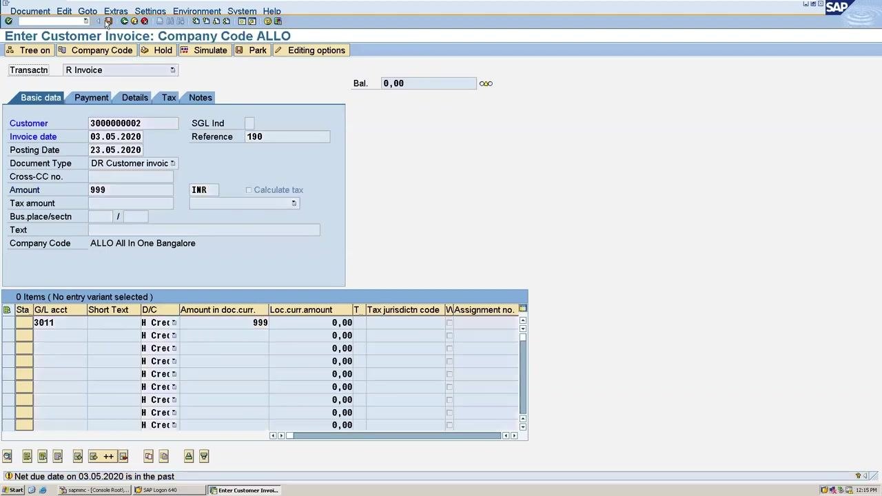 SAP screen after posting the invoice, showing the confirmation message at the bottom and the invoice entry in the line items section.
