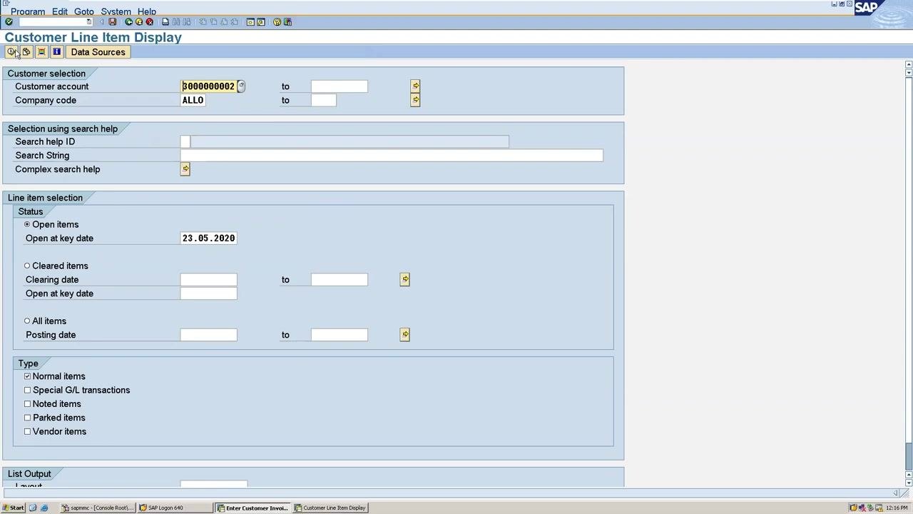 SAP Customer Line Item Display screen showing customer account 3000000002, company code ALLO, and open items as of 23.05.2020.