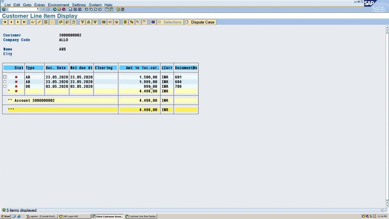 SAP Customer Line Item Display results showing three open items: 1,500.00 INR (601), 1,999.00 INR (604), and 999.00 INR (709) for customer 3000000002.