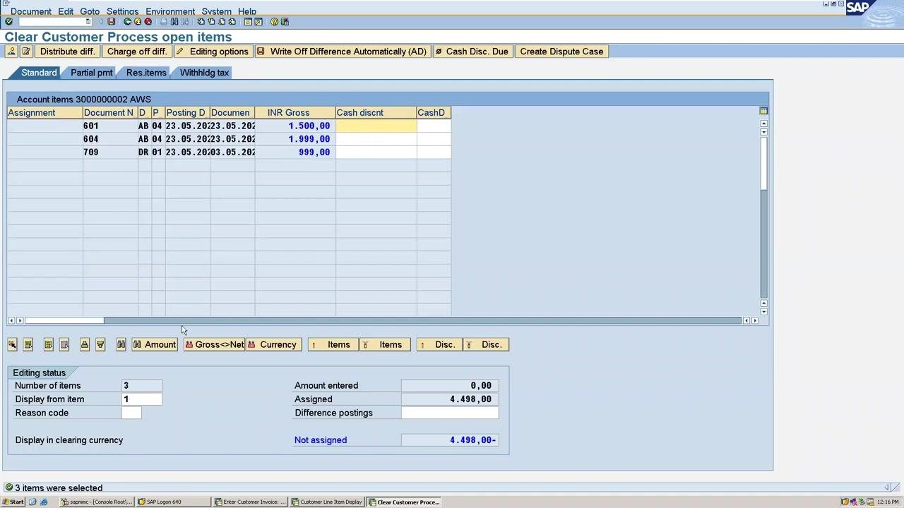 SAP Clear Customer: Header Data screen with fields for Account, Clearing date (23.05.2020), Period (2), Company Code (ALLO), and Currency (INR).