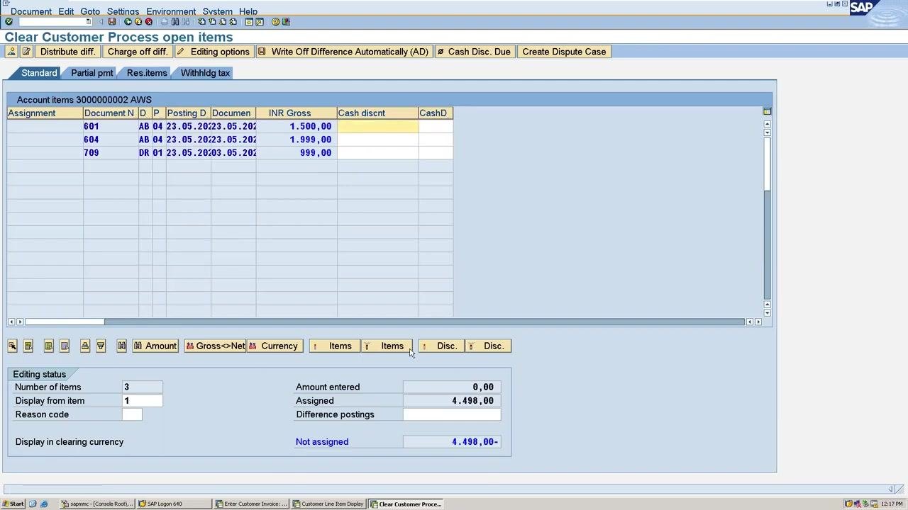 SAP Clear Customer Process open items screen showing three items, with the 999.00 INR item (document 709) selected for clearing.