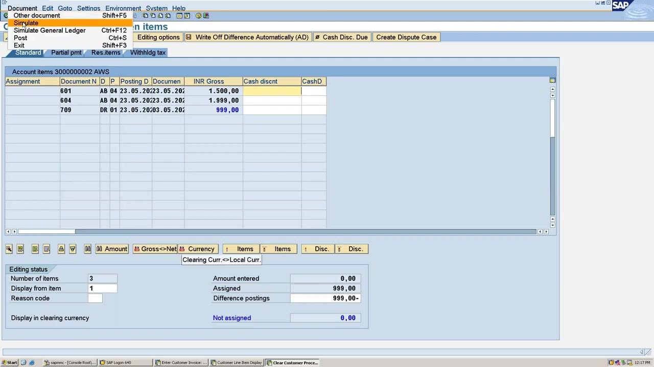 SAP Clear Customer Process open items screen with the Document menu open and Simulate highlighted, showing the 999.00 INR item selected.
