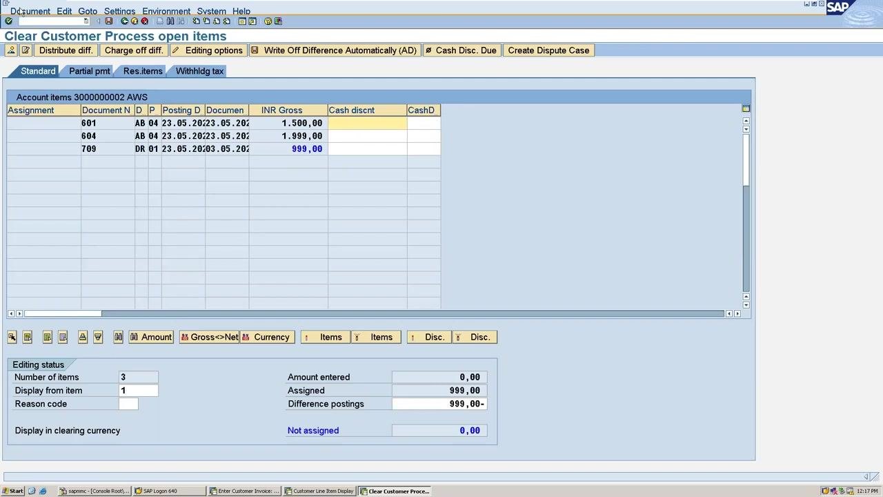SAP Clear Customer Display Overview screen showing the posted clearing document, with 999.00 INR debited and credited for customer 3000000002, company code ALLO, on 23.05.2020.