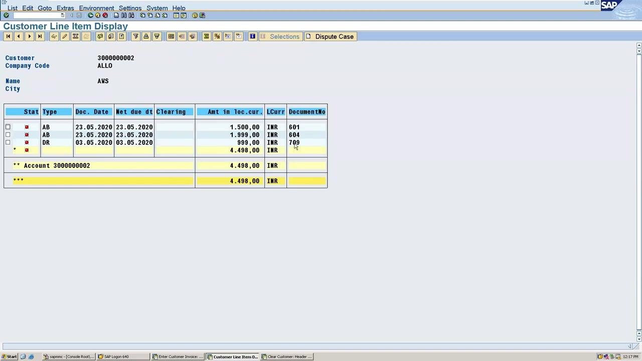 SAP Customer Line Item Display showing customer 3000000002, company code ALLO, and three items: 1,500.00 INR (601), 1,999.00 INR (604), and 999.00 INR (709).