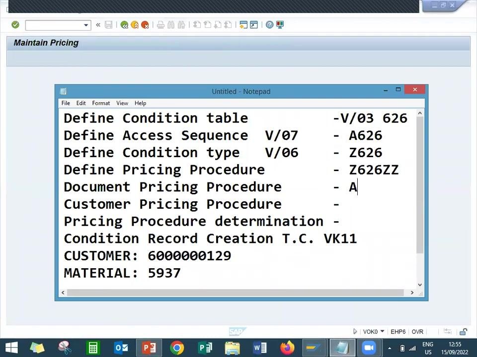 SAP screen showing the saved pricing procedure with the Save icon highlighted and the entry for Z626 Base Pricing LEARN2W confirmed
