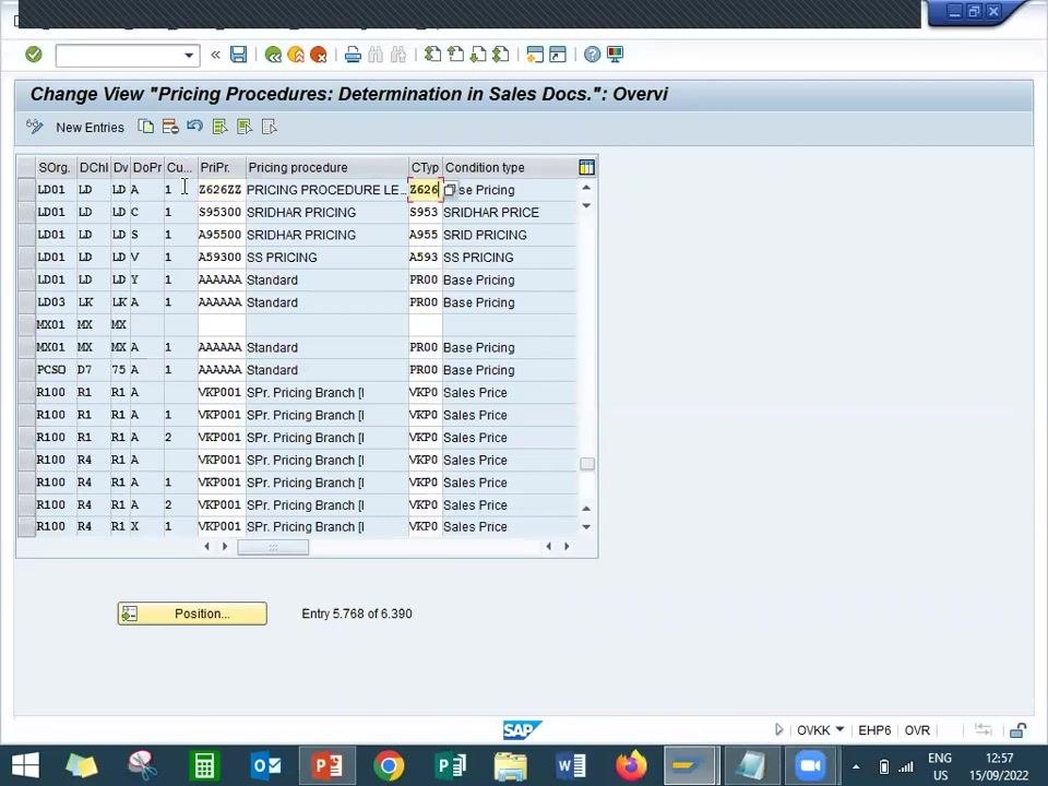SAP screen with the entry for pricing procedure Z626ZZ and condition type Z626 highlighted under sales organization LD01, distribution channel LD, division LD, document pricing procedure A, and customer pricing procedure 1