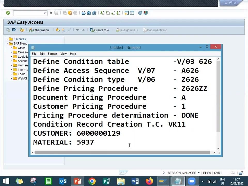 SAP Create Condition Records screen with a notepad open showing all required values for condition record creation