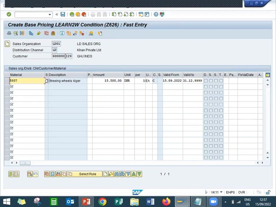 SAP VK11 screen showing the condition record entry for material 5937, customer 6000000129, price 15,500.00 INR, and validity dates