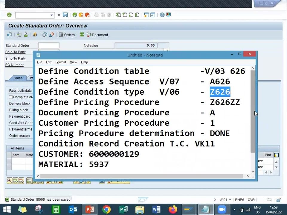 SAP Create Standard Order: Overview screen with payment terms 0001 and incoterms CFR entered, and item details filled in