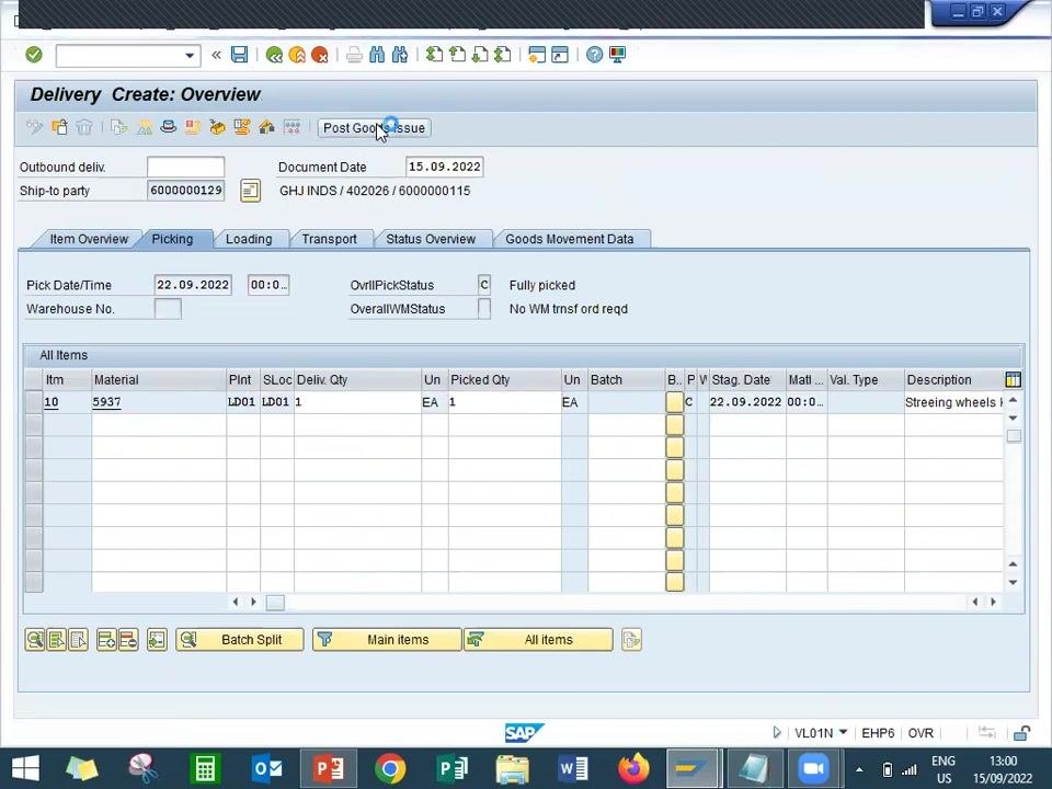 Delivery Create Overview screen with the Post Goods Issue button highlighted