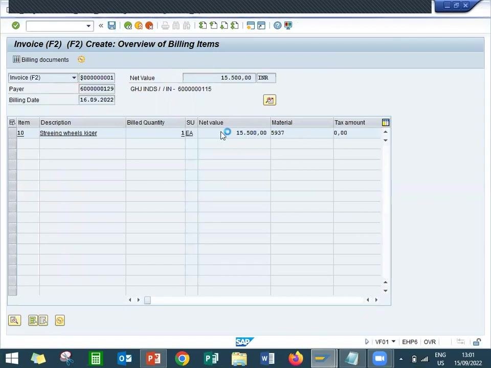 Invoice (F2) Create: Overview of Billing Items screen showing the net value, billed quantity, and material details