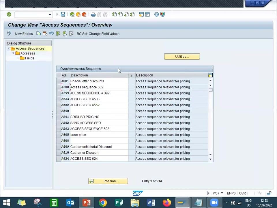 SAP "Fields: Overview" screen showing Access Sequence A626, Table 626, and all selected fields: Sales Organization, Distribution Channel, Sold-to Party, Pricing Ref. Material, Release Status, and Processing Status