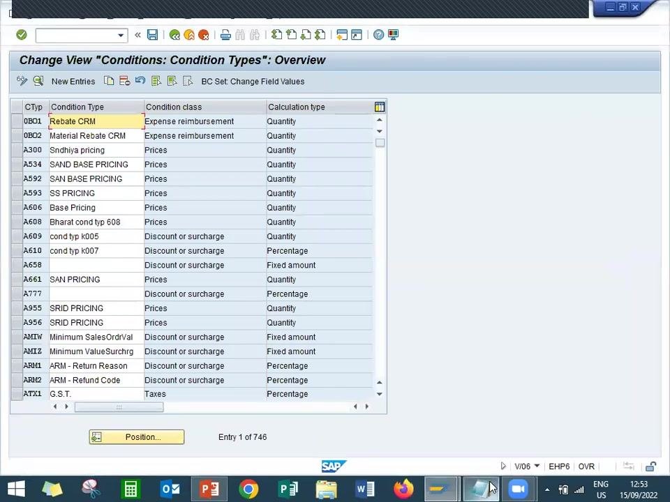 SAP "Conditions: Condition Types: Overview" screen with a list of condition types, including PR00 highlighted