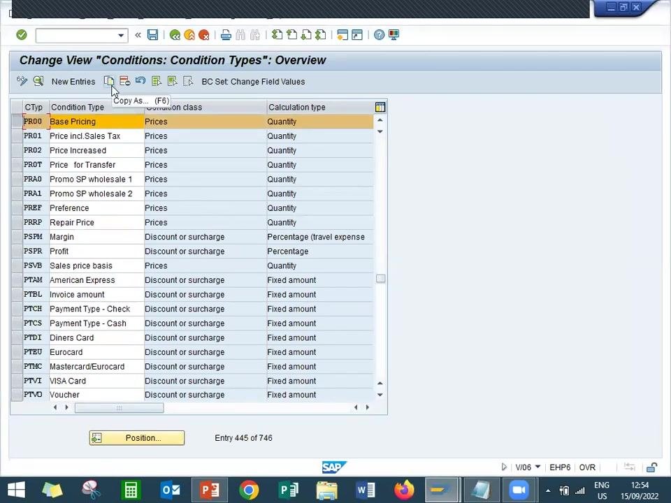 SAP "Conditions: Condition Types: Overview" screen with PR00 (Base Pricing) highlighted and the Copy As button selected