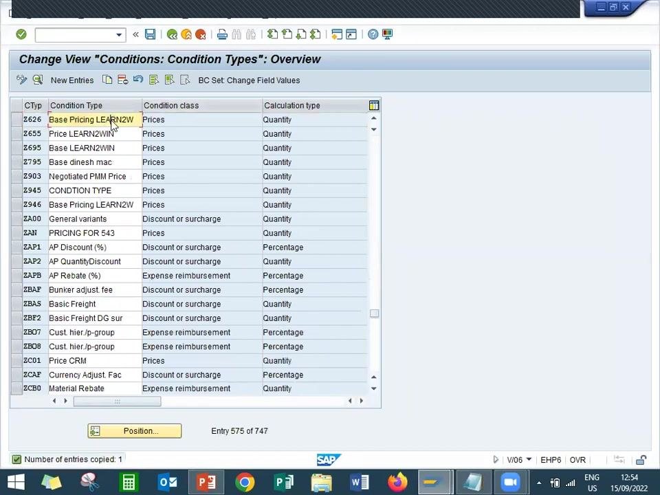 SAP "Conditions: Condition Types: Overview" screen showing the new condition type Z626 (Base Pricing LEARN2W) created and listed