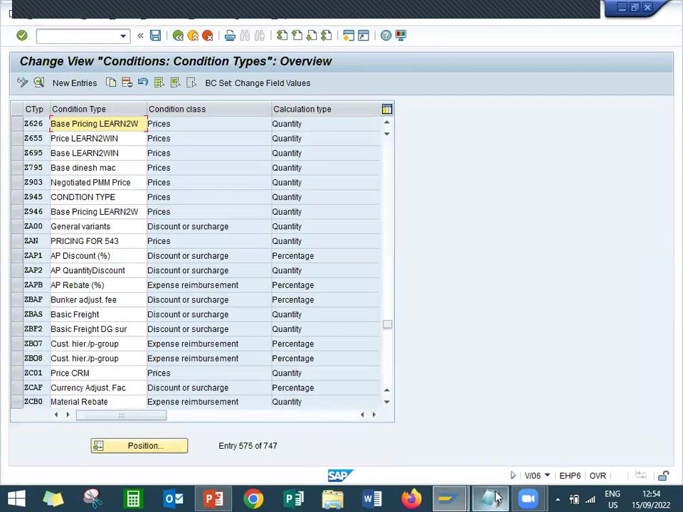 SAP screen showing the Procedures Overview with the New Entries button highlighted, listing existing procedure codes and descriptions