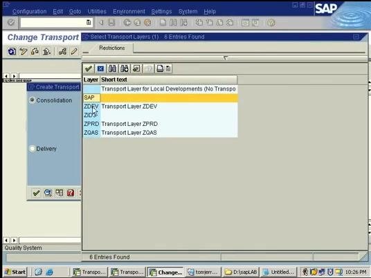 Transport layer selection dialog with ZDEV highlighted