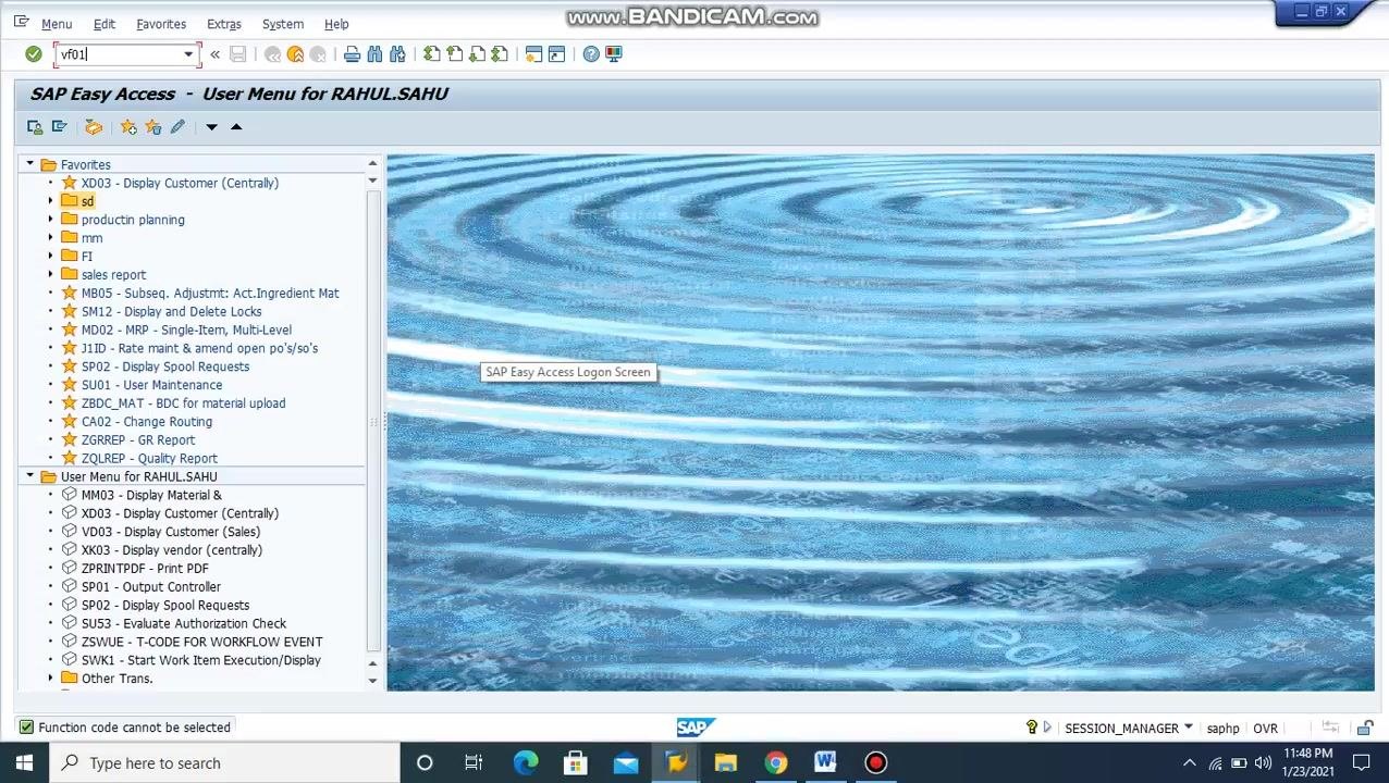 SAP Easy Access screen with "vf01" entered in the command field, ready to create an invoice