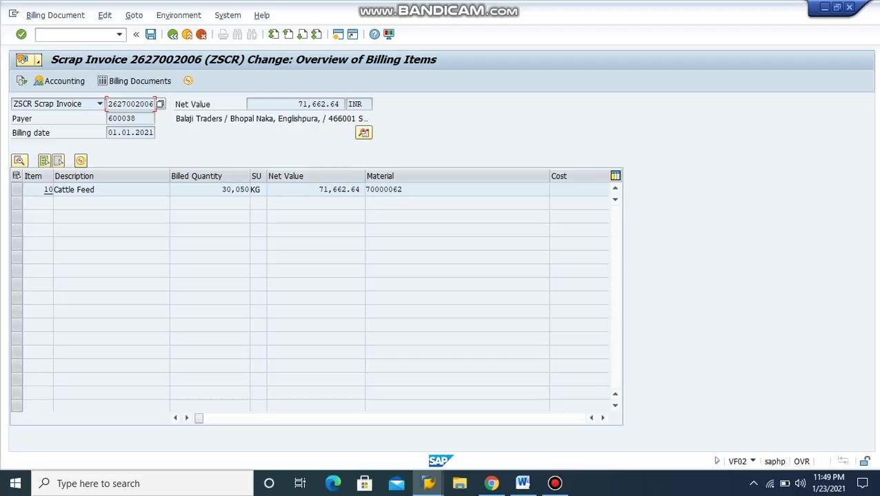 SAP screen showing the Scrap Invoice overview, ready for condition check