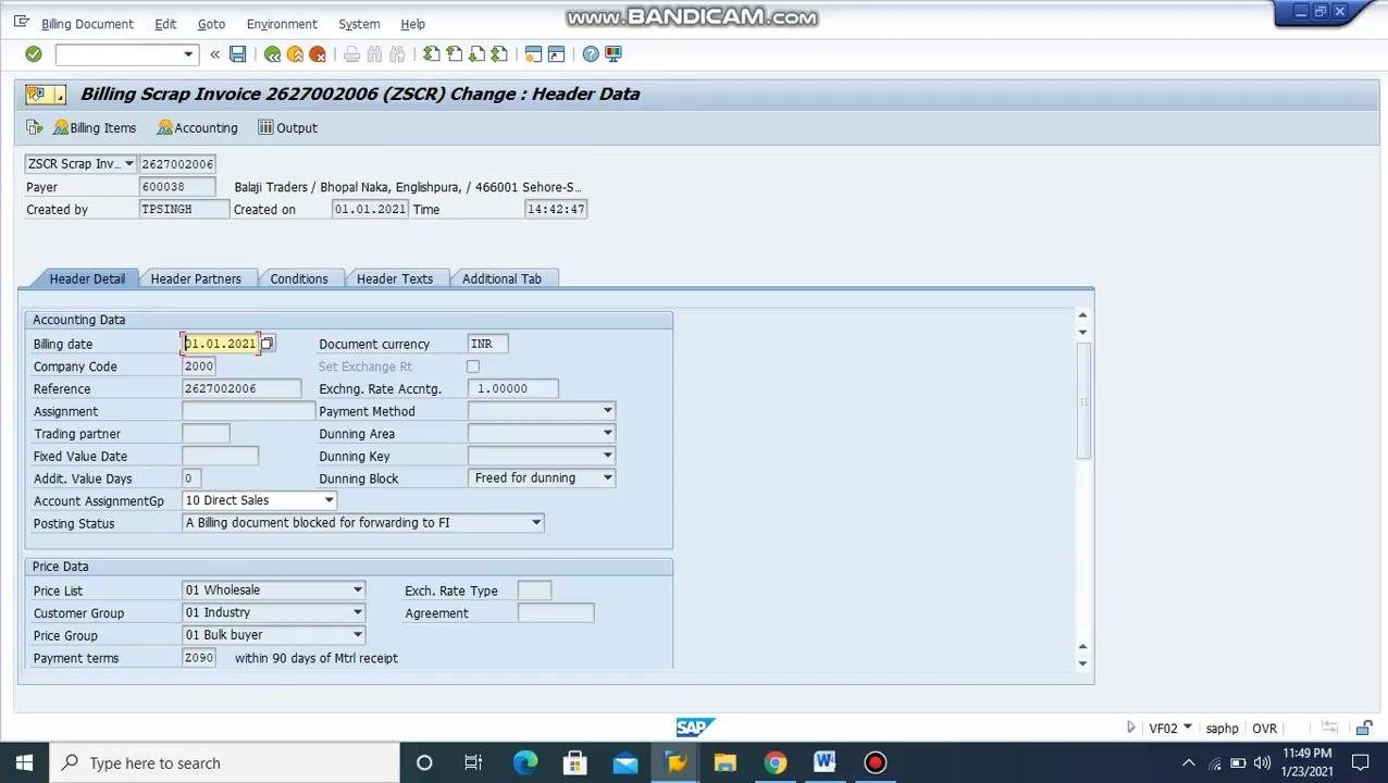 SAP screen showing Billing Scrap Invoice 2627002006, Header Data tab with accounting and price data fields