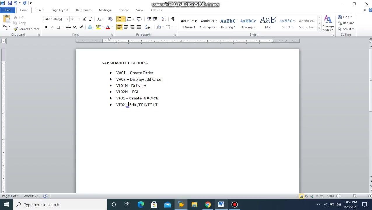 Word document listing SAP SD module T-codes: VA01 (Create Order), VA02 (Display/Edit Order), VL01N (Delivery), VL02N (PGI), VF01 (Create Invoice), VF02 (Edit/Printout)