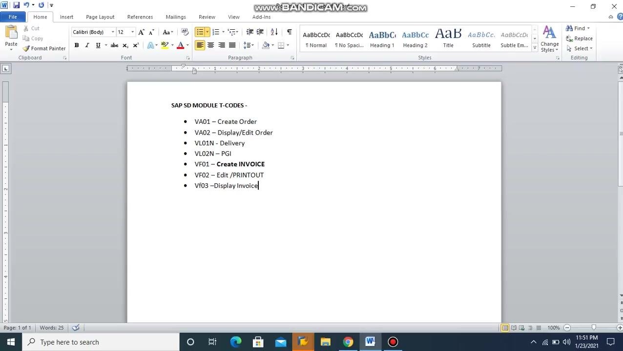 Word document listing SAP SD module T-codes, including VA01 (Create Order), VA02 (Display/Edit Order), VL01N (Delivery), VL02N (PGI), VF01 (Create Invoice), VF02 (Edit/Printout), and VF03 (Display Invoice)