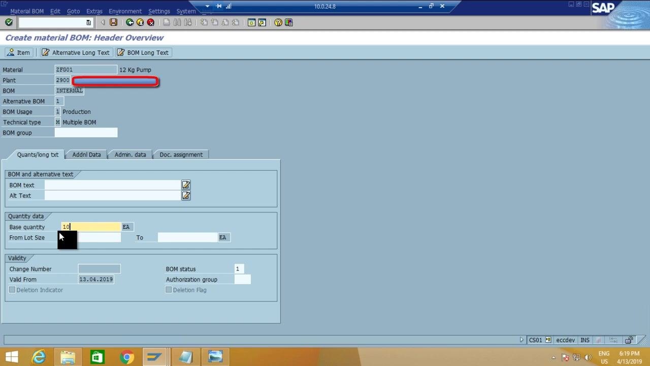 SAP BOM Header Overview screen showing Material 'ZFG01', Plant '2900', Base quantity '10', Valid From '13.04.2019', and other header fields.