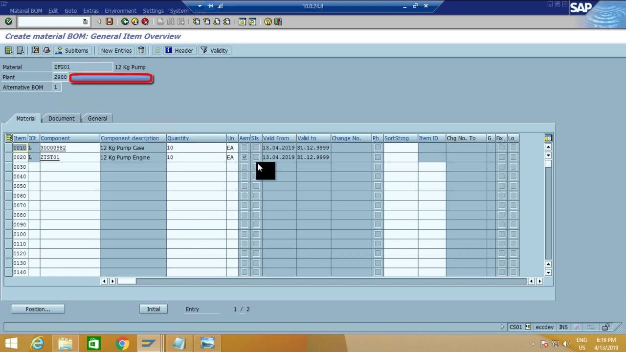 SAP screen showing BOM status options: Active, Inactive, Active with history requirement, with checkboxes for various controls.