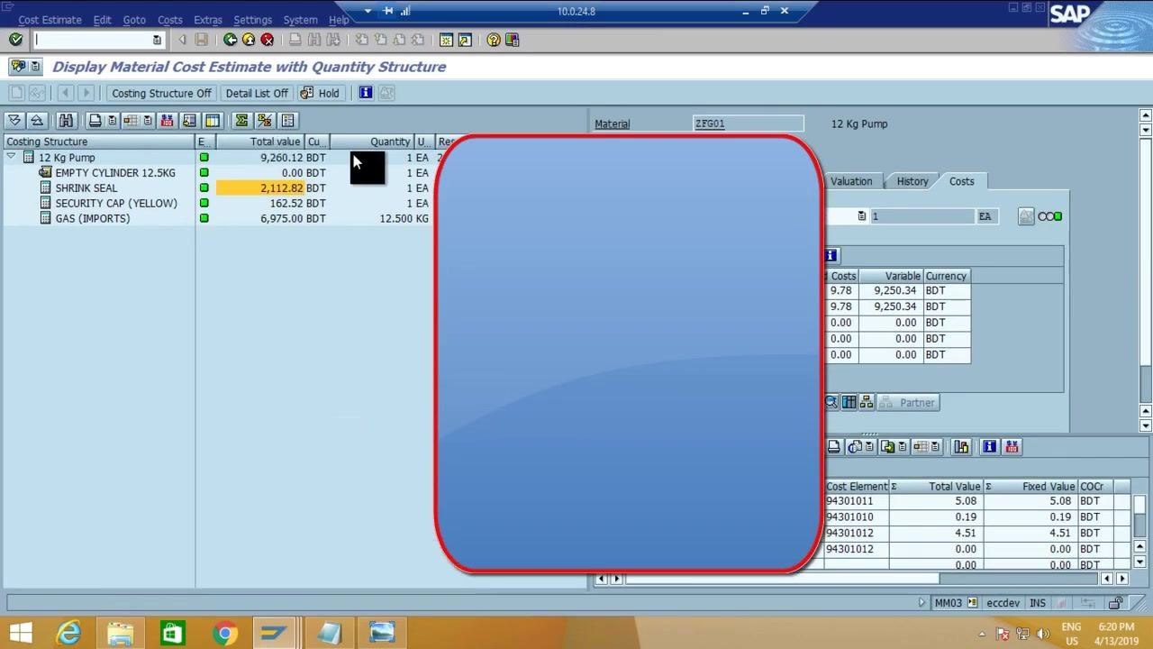 SAP popup window showing options for costing relevancy: Not Relevant, 50%, 25%, 75%, 100%.