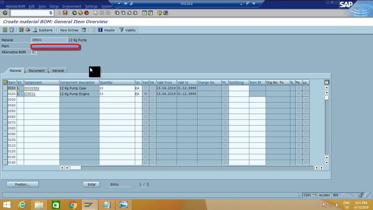 SAP BOM item overview screen showing components and quantities before saving.