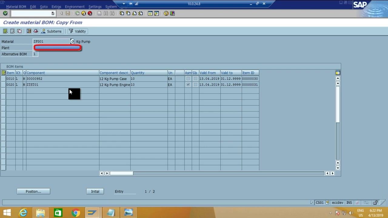 SAP BOM Copy From screen showing selectable BOM items.