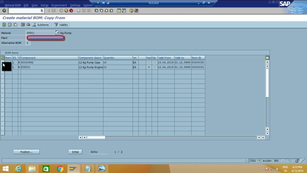 SAP BOM Copy From screen with item selection highlighted.