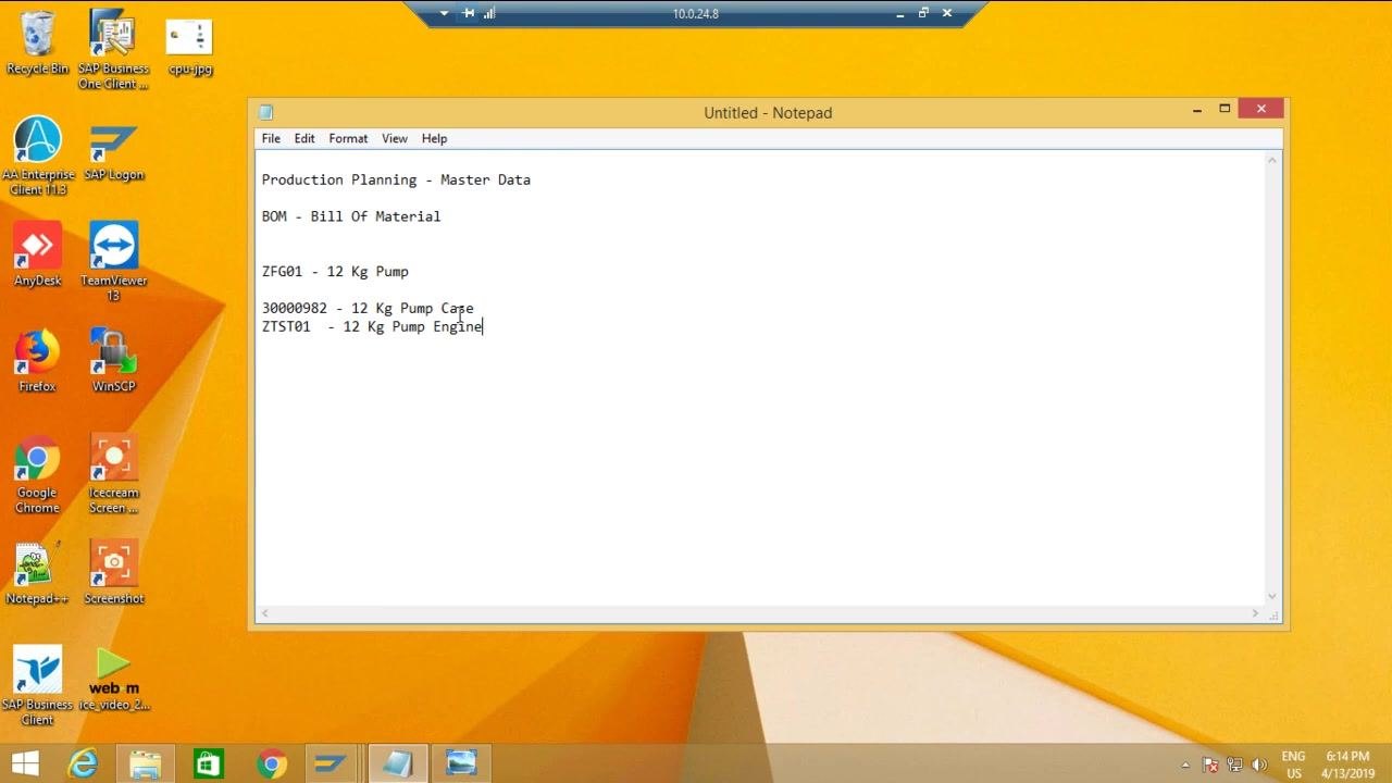 Notepad window listing Production Planning - Master Data, BOM - Bill of Material, ZFG01 - 12 Kg Pump, 30000982 - 12 Kg Pump Case, ZTST01 - 12 Kg Pump Engine, with the desktop background showing SAP and other application icons.