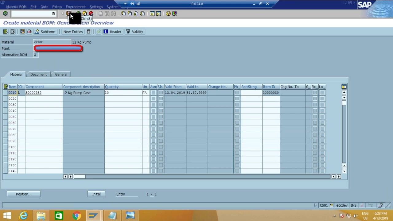SAP BOM General Item Overview screen showing material ZFG01, alternative BOM 3, and component details ready to be saved.