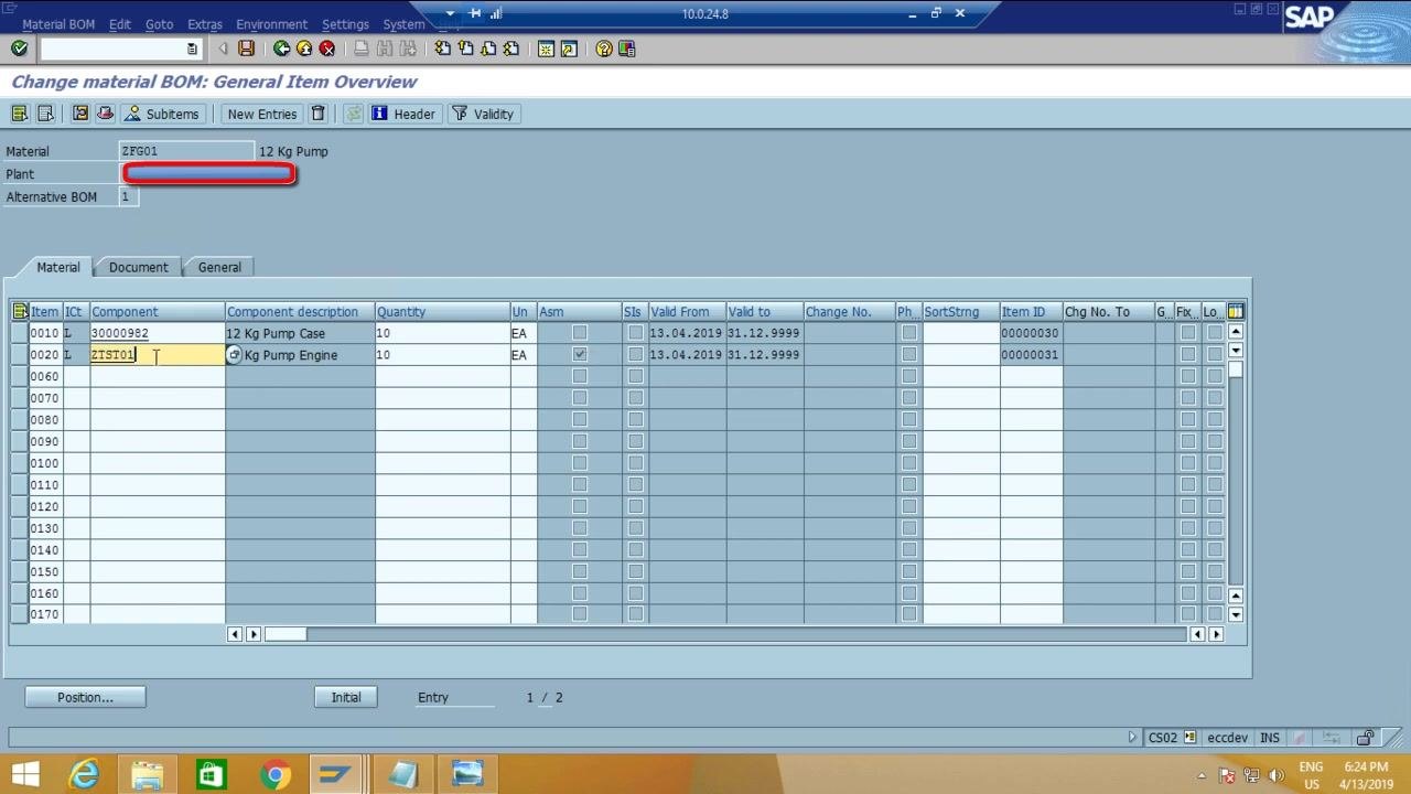 SAP BOM General Item Overview screen showing the ASM indicator checked for the ZTST01 component.