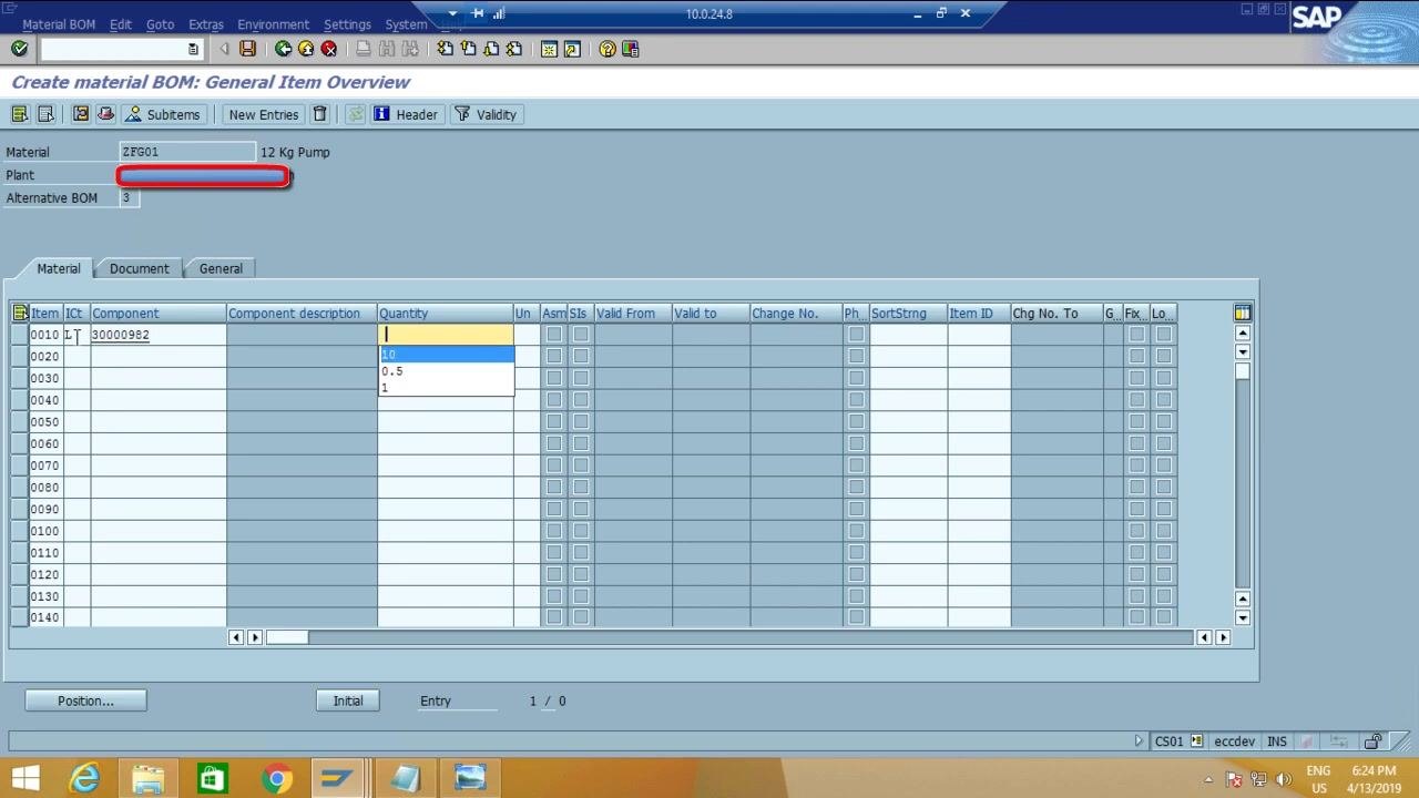 SAP BOM General Item Overview screen with component entry for the sub-assembly BOM.