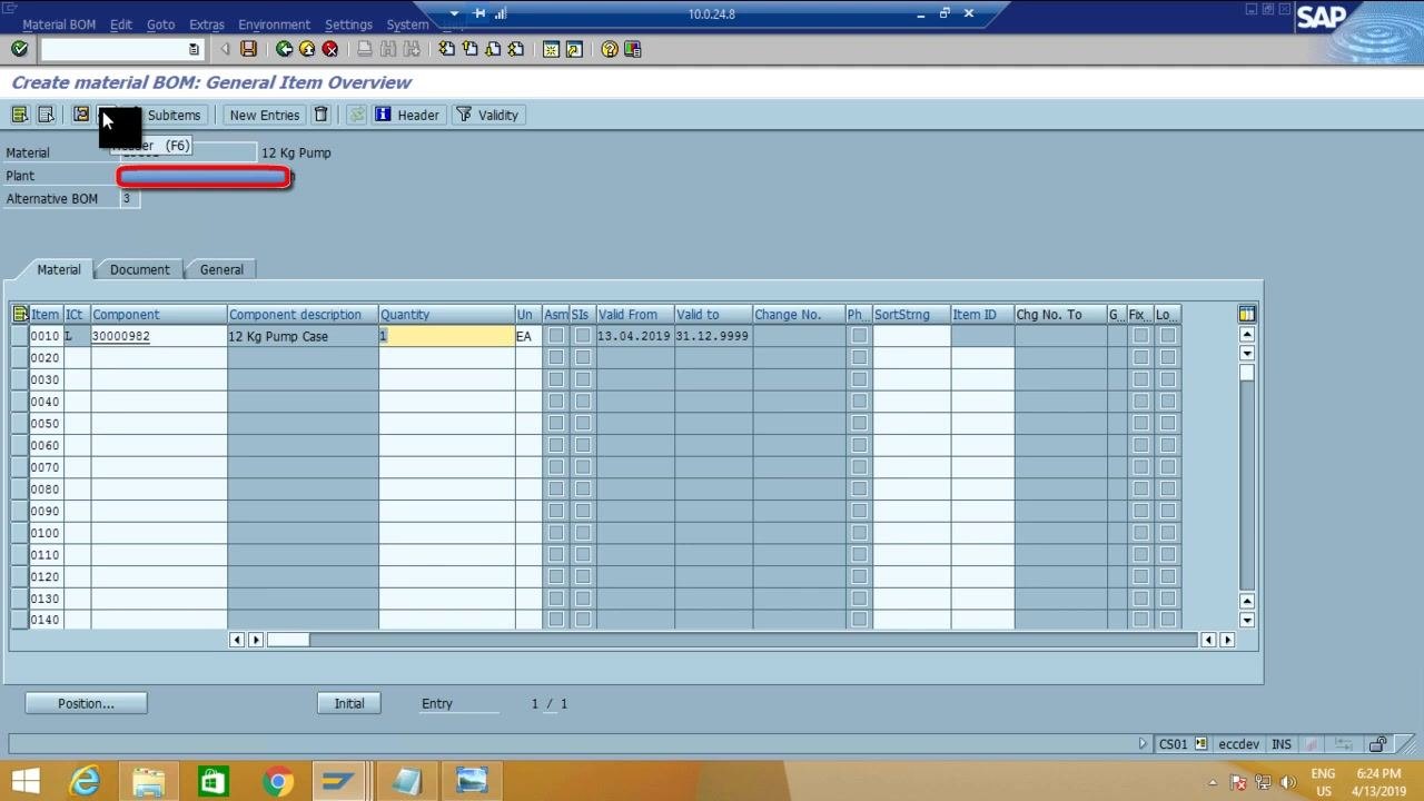 SAP BOM General Item Overview screen showing multiple BOM alternatives for ZFG01.