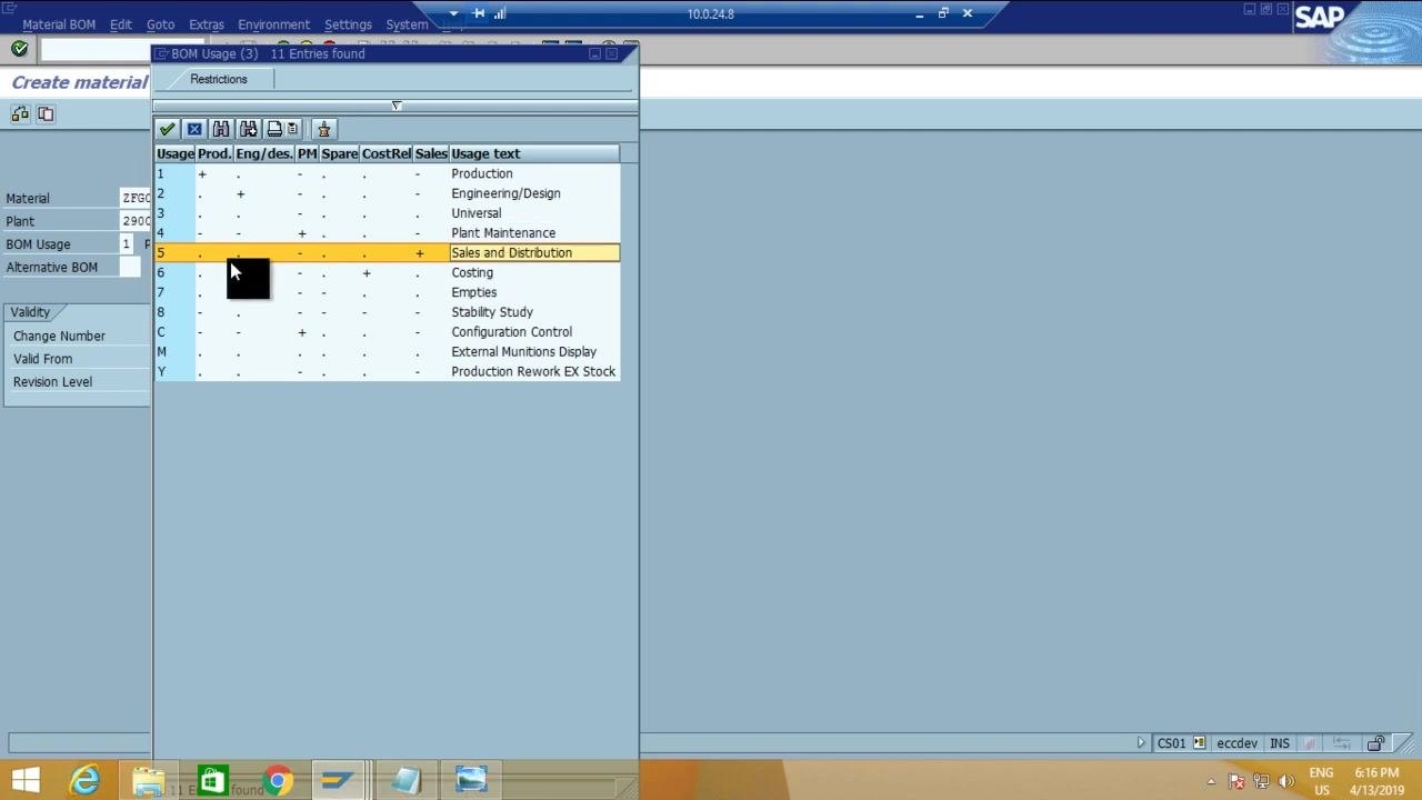Create material BOM: Initial Screen with Material 'ZFG01', Plant '2900', BOM Usage '1' (Production), and Valid From date '13.04.2019' filled in.