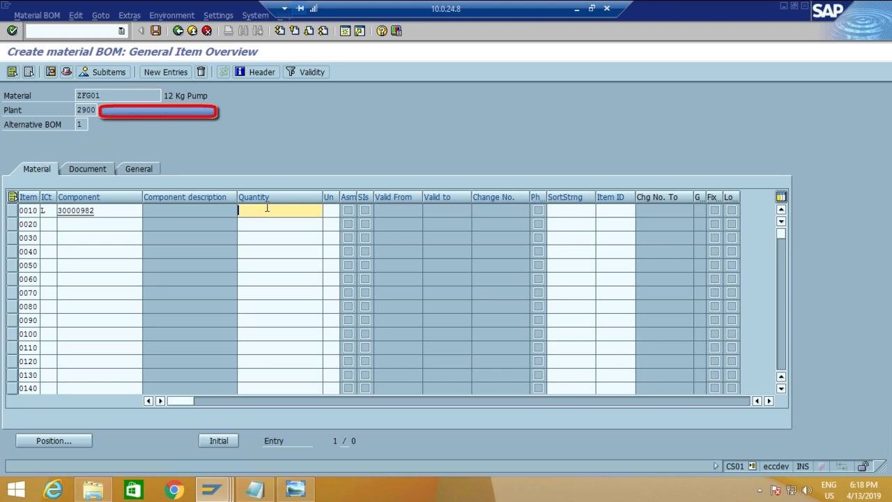 First BOM component entered: Component '30000982', Item Category 'L', Quantity '10'.
