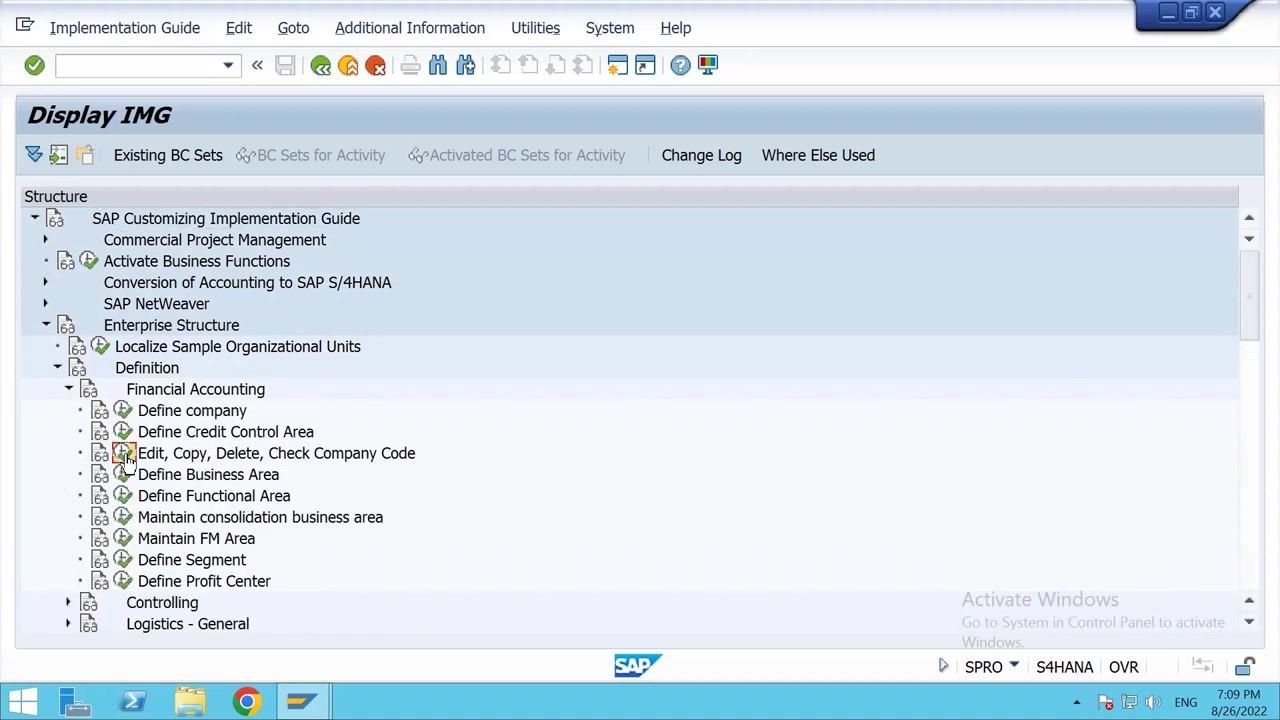 Change View Company Code details screen with Company Code REL1 and the Company Name field being edited