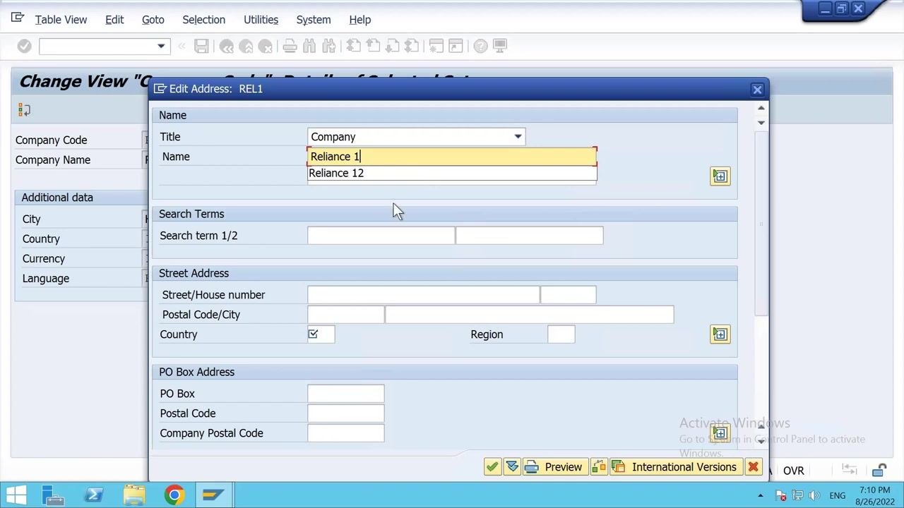 Edit Address dialog for REL1 with Title set to Company and Name set to Reliance 1