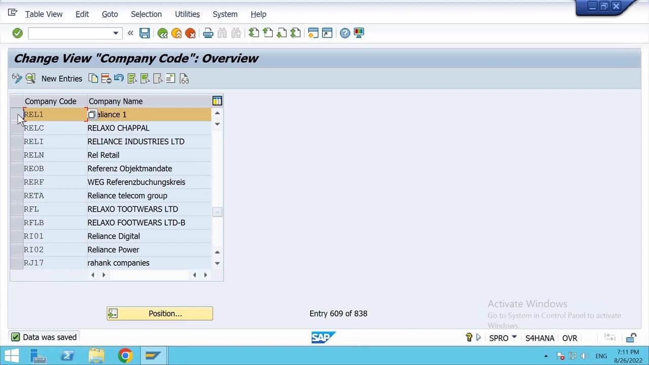 Change View Company Code overview screen showing REL1 (Reliance 1) in the list of company codes