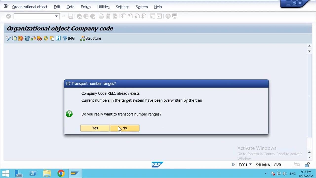 Transport number ranges prompt with No selected for the new company code