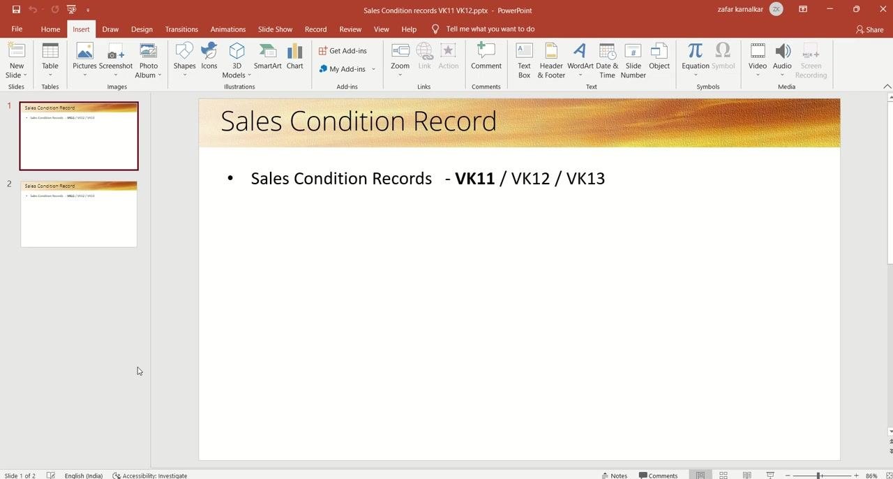 PowerPoint slide titled "Sales Condition Record" listing the transactions VK11, VK12, and VK13