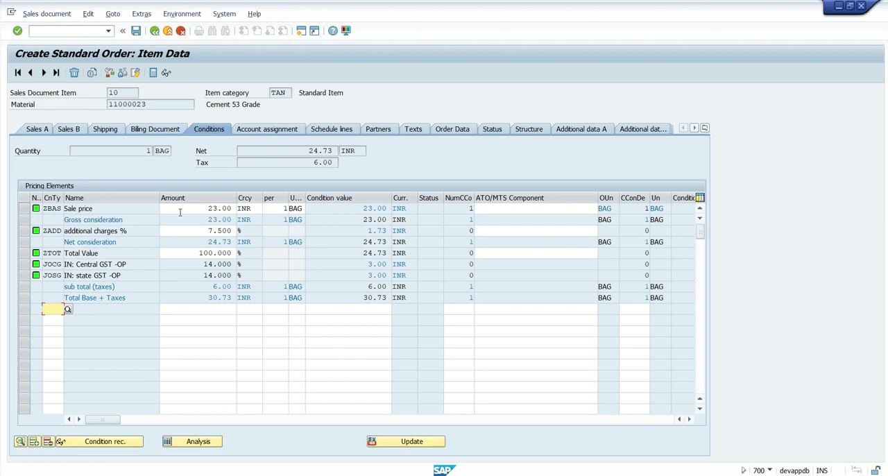 SAP Create Standard Order: Item Data screen showing ZBAS (23.00 INR) and ZADD (7.500%) applied