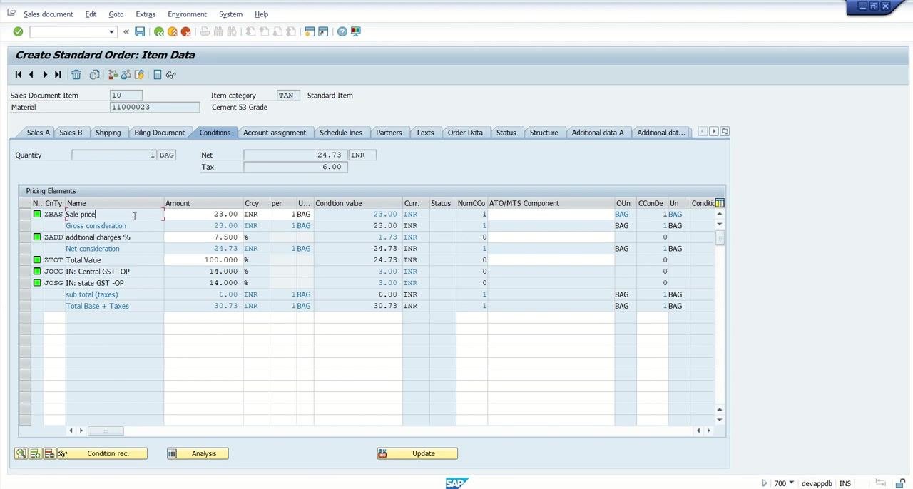 SAP Create Standard Order: Item Data screen with editable and non-editable condition types