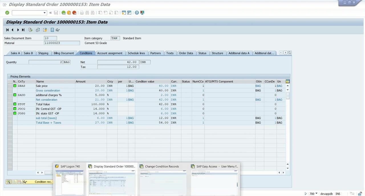 SAP Display Condition Records screen with Material selected as the key combination for condition type ZBAS