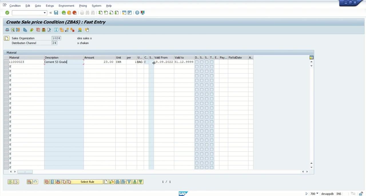 SAP Create Sale Price Condition (ZBAS) Fast Entry screen with material, description, amount (23.00 INR), and validity dates filled in